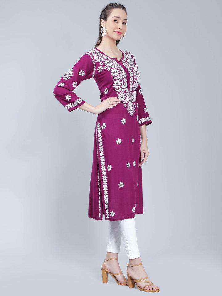 Magenta-Rayon-Kurta-with-White-Chikan-Work