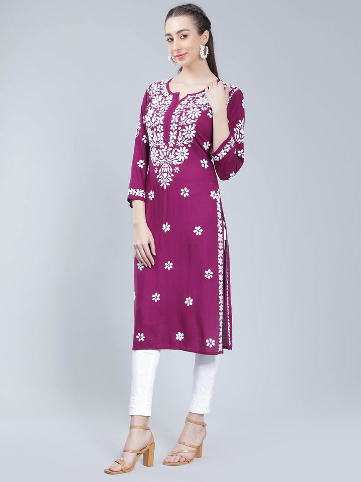 Magenta-Rayon-Kurta-with-White-Chikan-Work