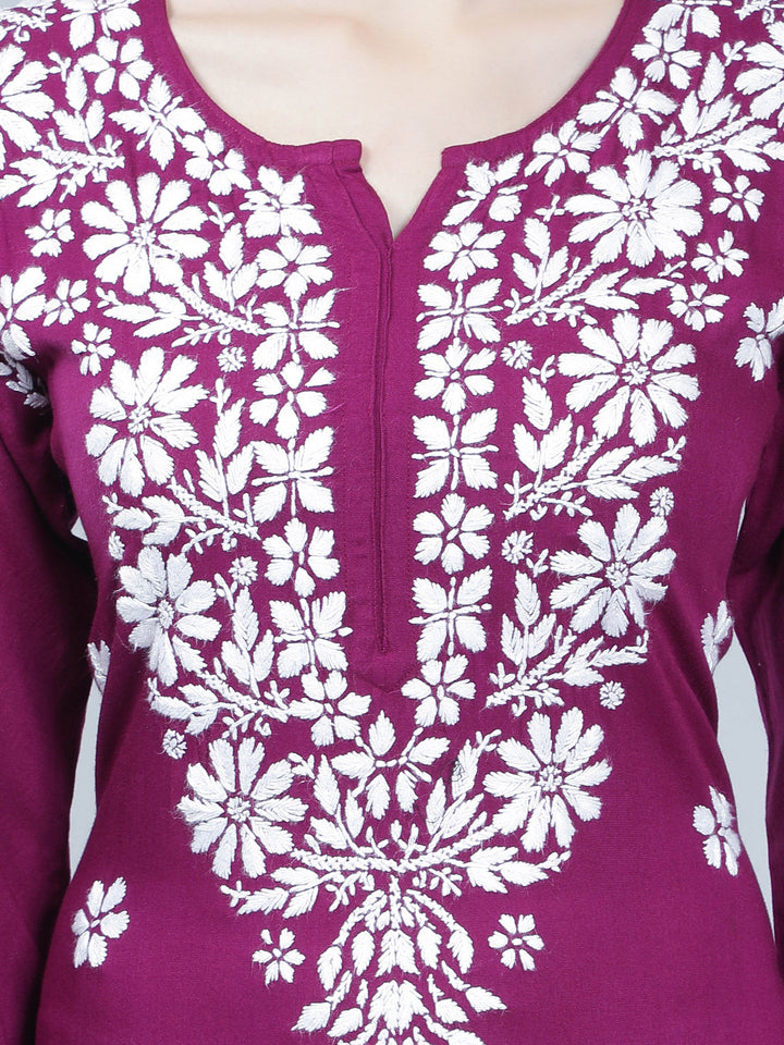 Magenta-Rayon-Kurta-with-White-Chikan-Work