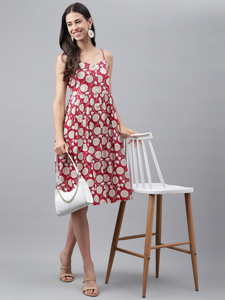 Magenta Rayon Strappy Dress with Beige Floral Prints