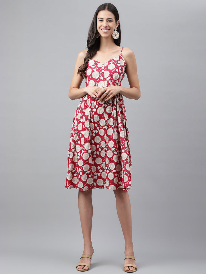 Magenta Rayon Strappy Dress with Beige Floral Prints