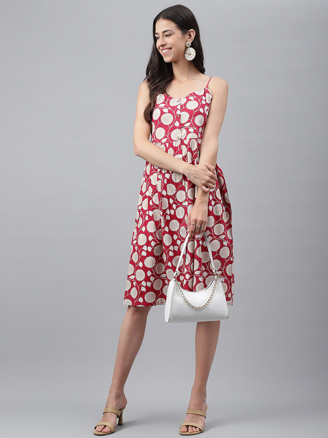 Magenta Rayon Strappy Dress with Beige Floral Prints