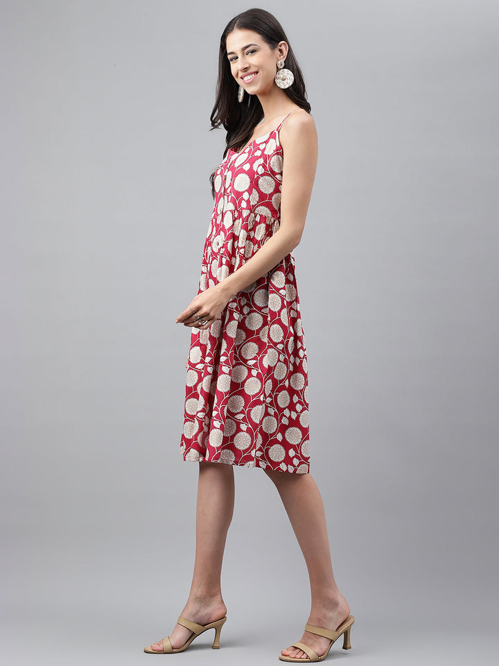 Magenta Rayon Strappy Dress with Beige Floral Prints