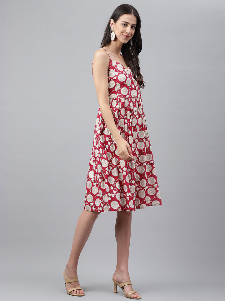 Magenta Rayon Strappy Dress with Beige Floral Prints
