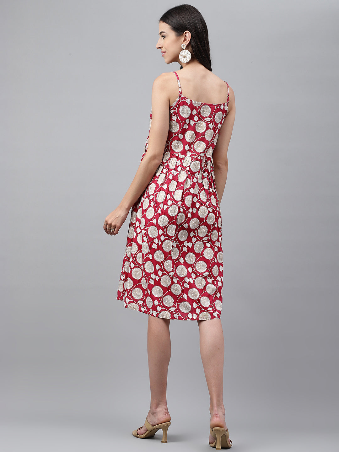 Magenta Rayon Strappy Dress with Beige Floral Prints