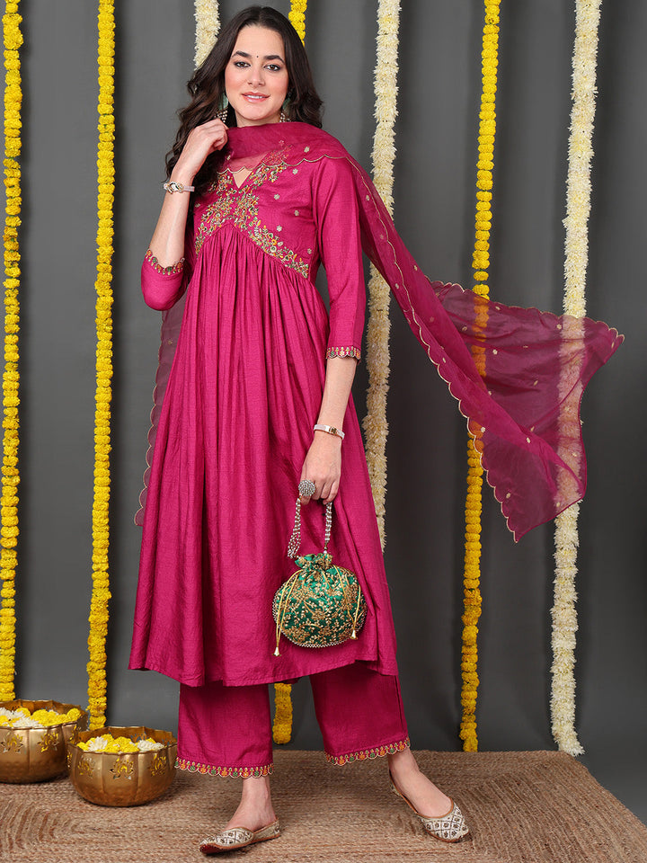 Rani Pink Silk Blend Solid Embroidered Flared Kurta Trouser With Dupatta