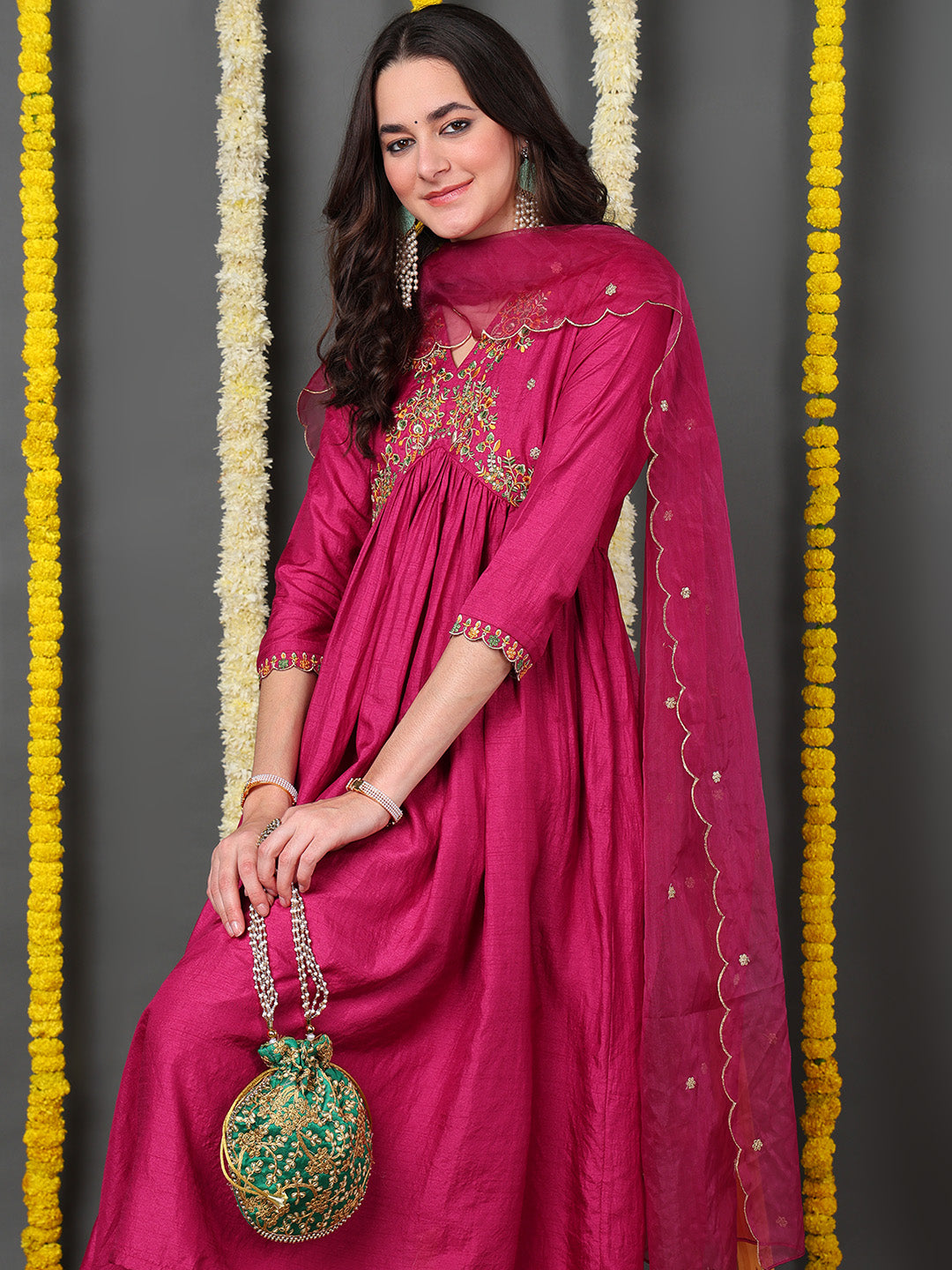 ZERESOUQ-Rani-Pink-Silk-Blend-Solid-Embroidered-Flared-Kurta-Trouser-With-Dupatta