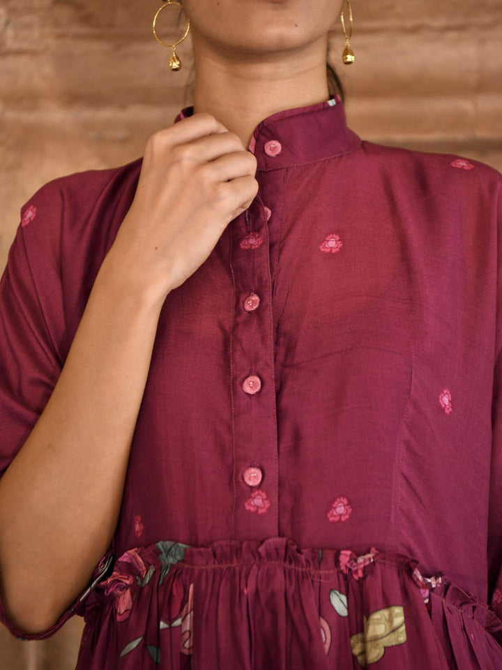 Mahogany Chanderi Silk Shirt Dress with Slip