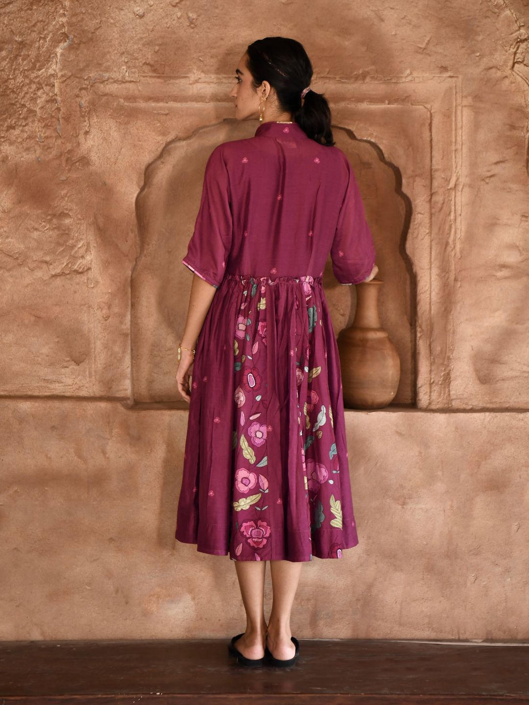 Mahogany Chanderi Silk Shirt Dress with Slip
