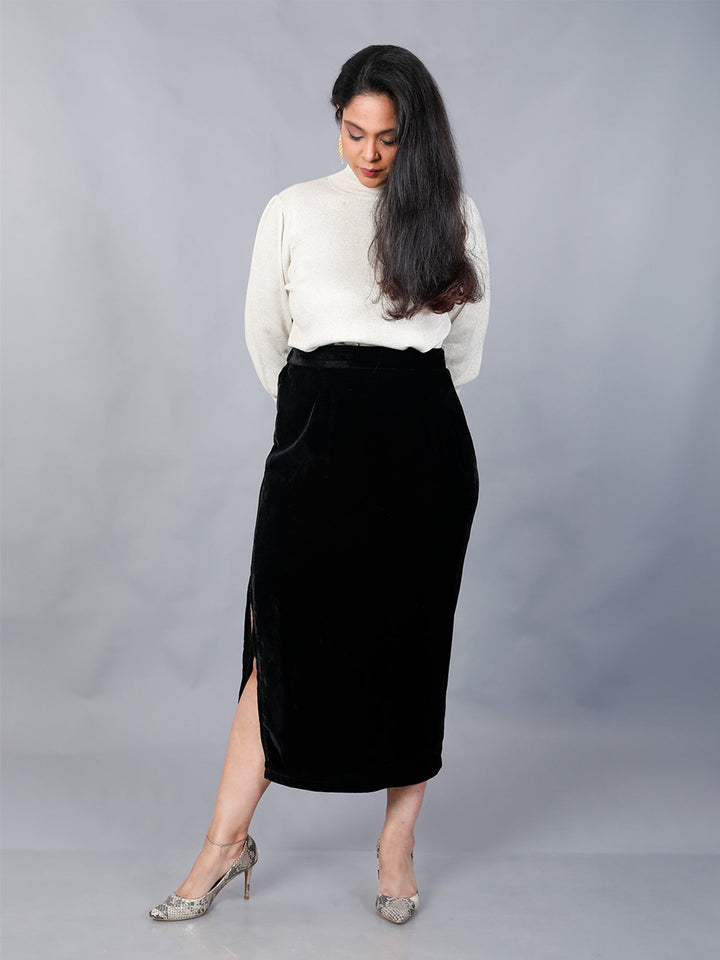 Makhfi Black Velvet Side Slit Skirt Only