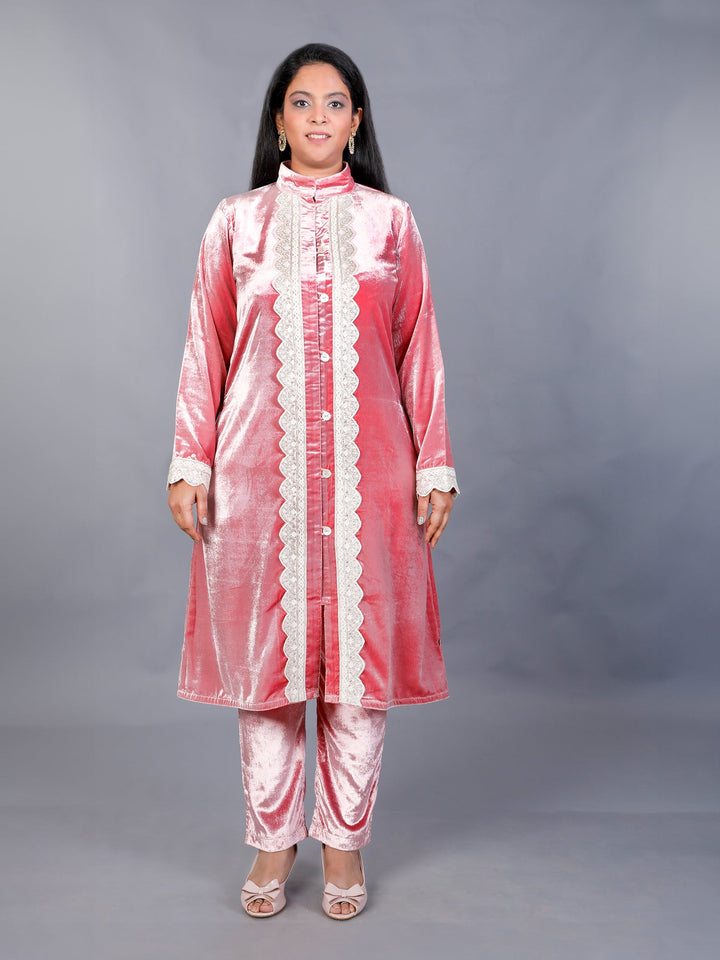 Makhfi Pink Velvet Anchkan Style Laced 2-Piece Kurta Set