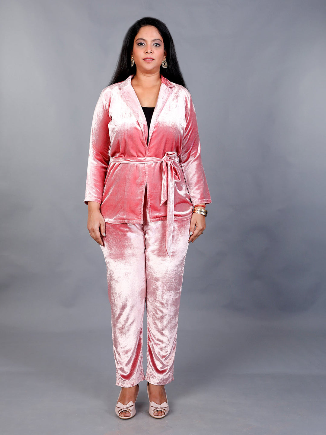 Makhfi Pink velvet Coat With Tie Up & Straight Pant