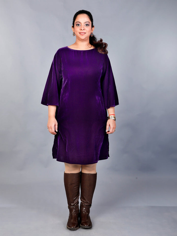 Makhfi Purple Velvet Dress With Bell Sleeves