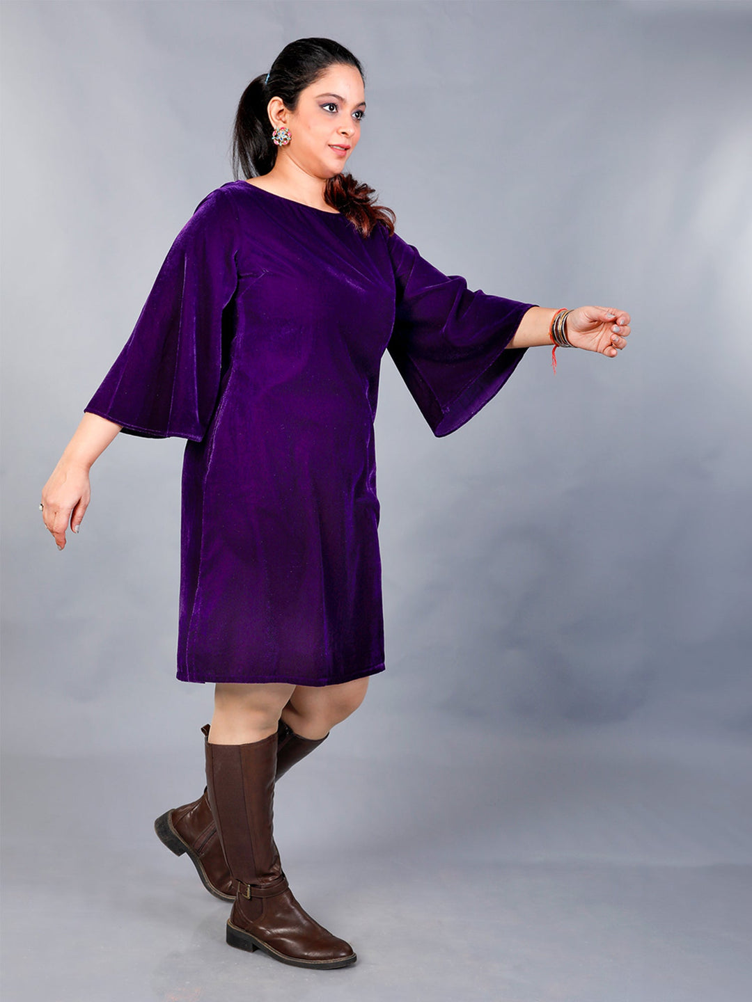 Makhfi Purple Velvet Dress With Bell Sleeves