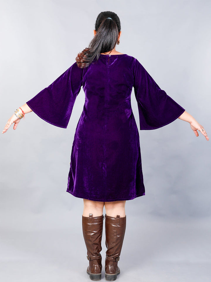 Makhfi Purple Velvet Dress With Bell Sleeves