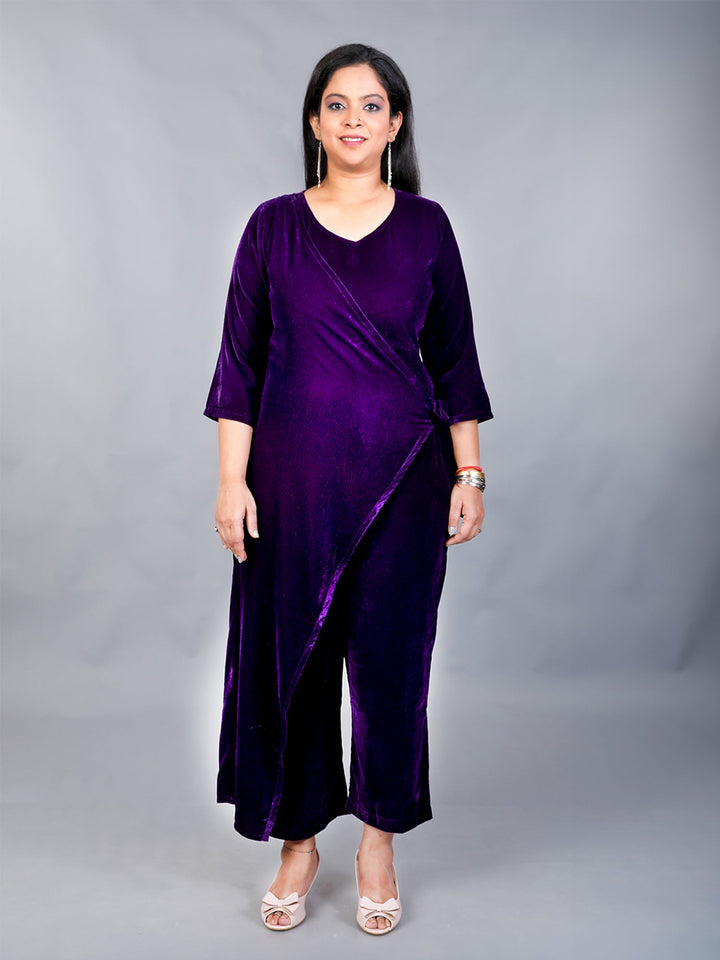 Makhfi Purple Velvet V-neck Plain Jumpsuit