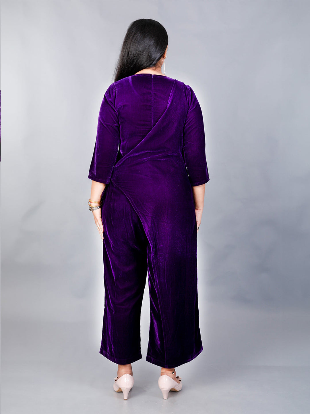 Makhfi Purple Velvet V-neck Plain Jumpsuit