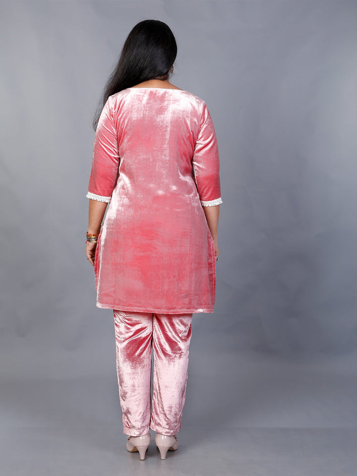 Makhfi Rose Pink Velvet Laced Short Kurta & Straight Pant