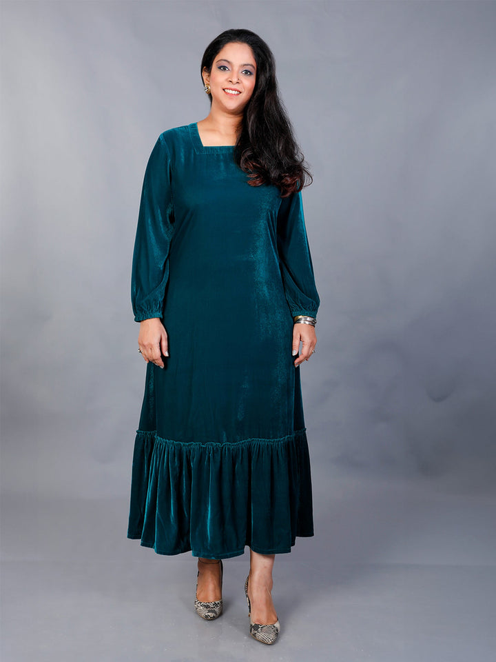 Makhfi Teal Velvet Square-Neck Long Dress