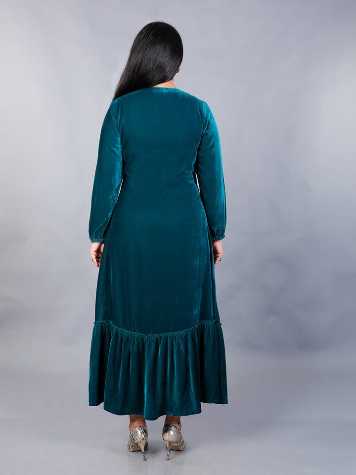 Makhfi Teal Velvet Square-Neck Long Dress