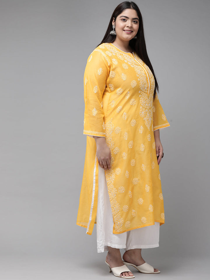 Mango Yellow & White Embroidered Chikankari Chanderi Kurta