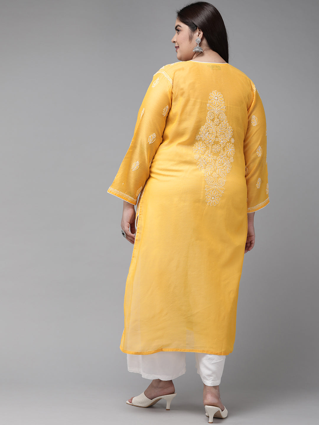 Mango Yellow & White Embroidered Chikankari Chanderi Kurta