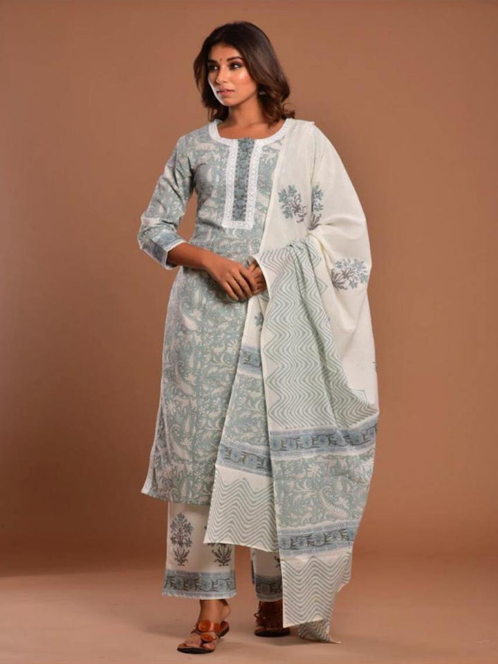 Marine-Blue Cotton Suit Set With Lace Details