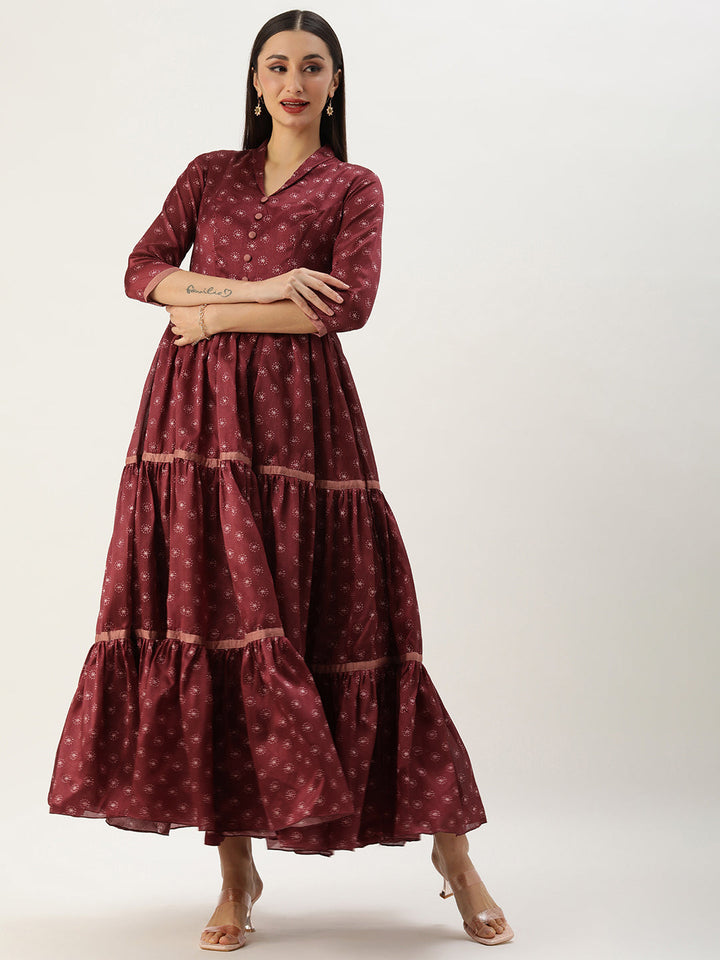 Maroon Art Silk Printed Tiered Gathered Style Gown