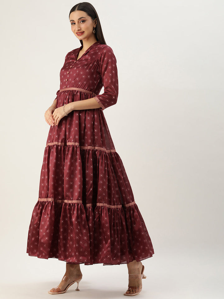 Maroon Art Silk Printed Tiered Gathered Style Gown