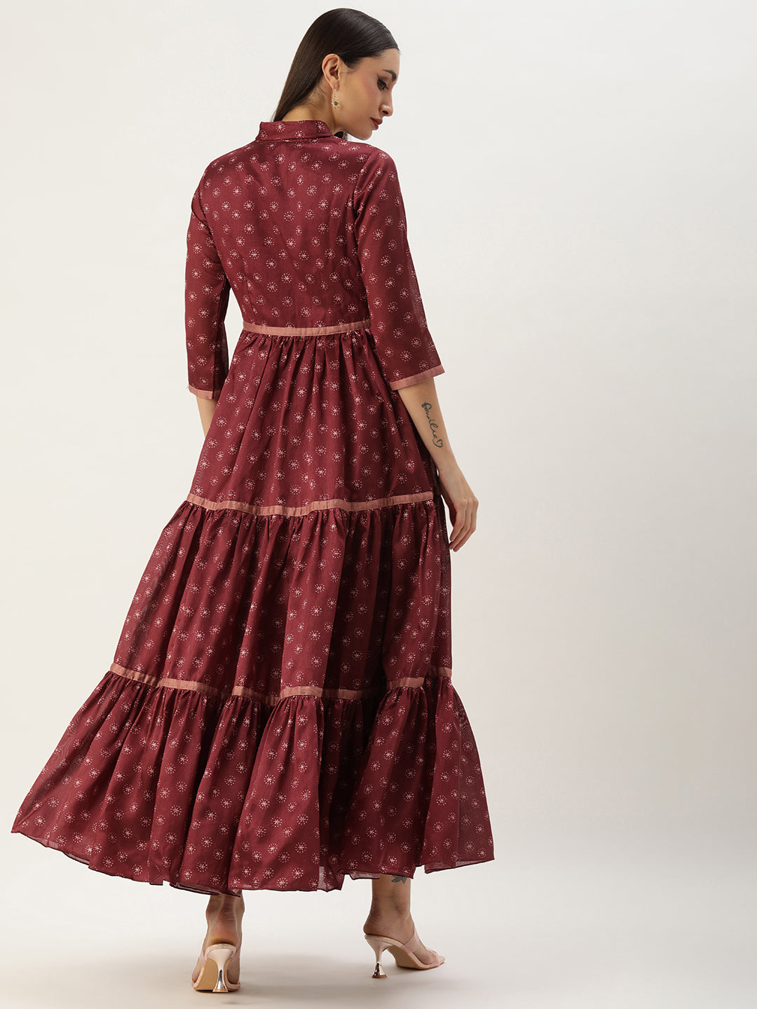 Maroon Art Silk Printed Tiered Gathered Style Gown