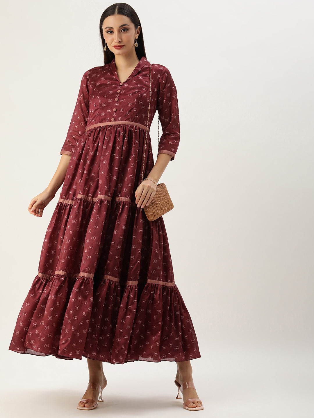 Maroon Art Silk Printed Tiered Gathered Style Gown