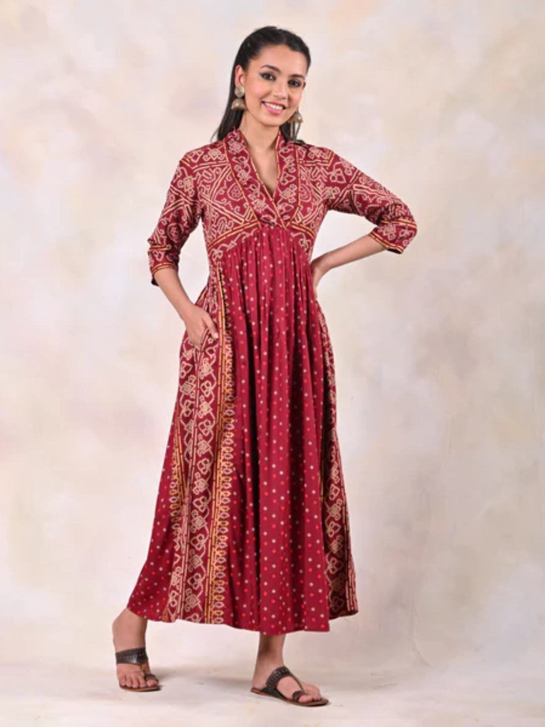 Maroon-Bandhani-V-Neck-Gathered-Dress