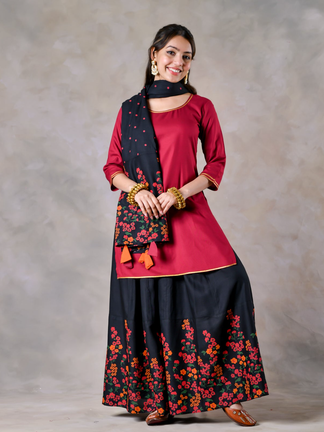 Maroon Black Palazzo Set With Dupatta