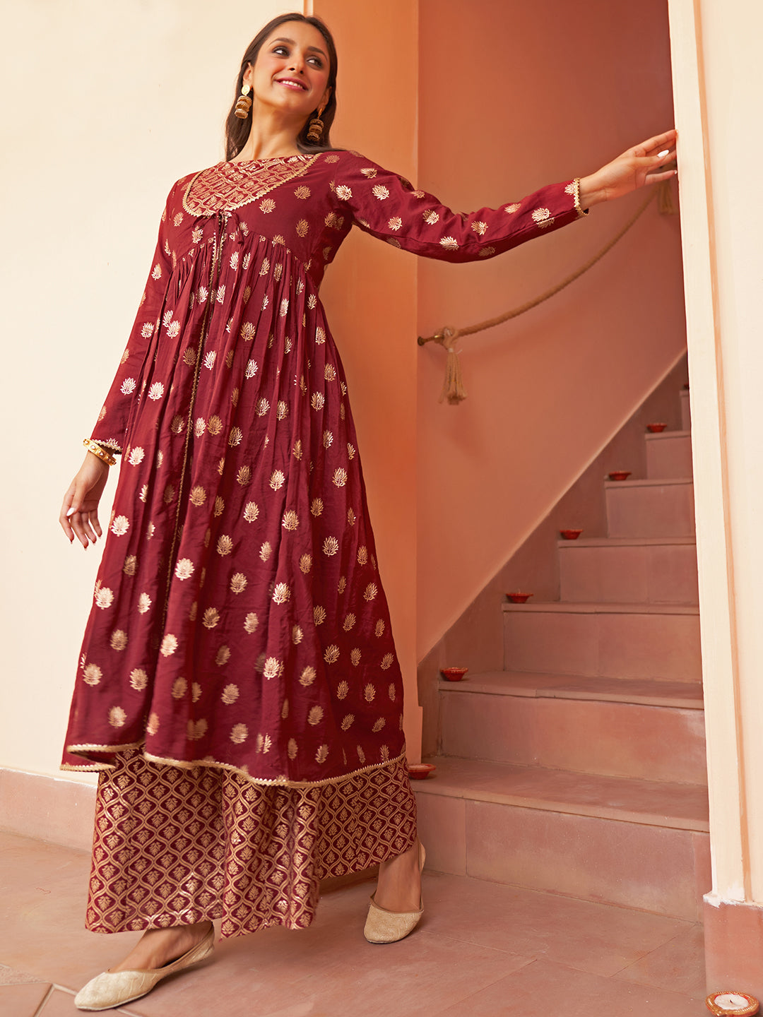 Maroon Brocade A-Line Kurta Suit Set with Front Slit