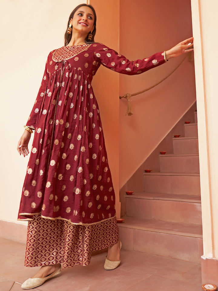 ZERESOUQ-Maroon-Brocade-A-Line-Kurta-Suit-Set-with-Front-Slit