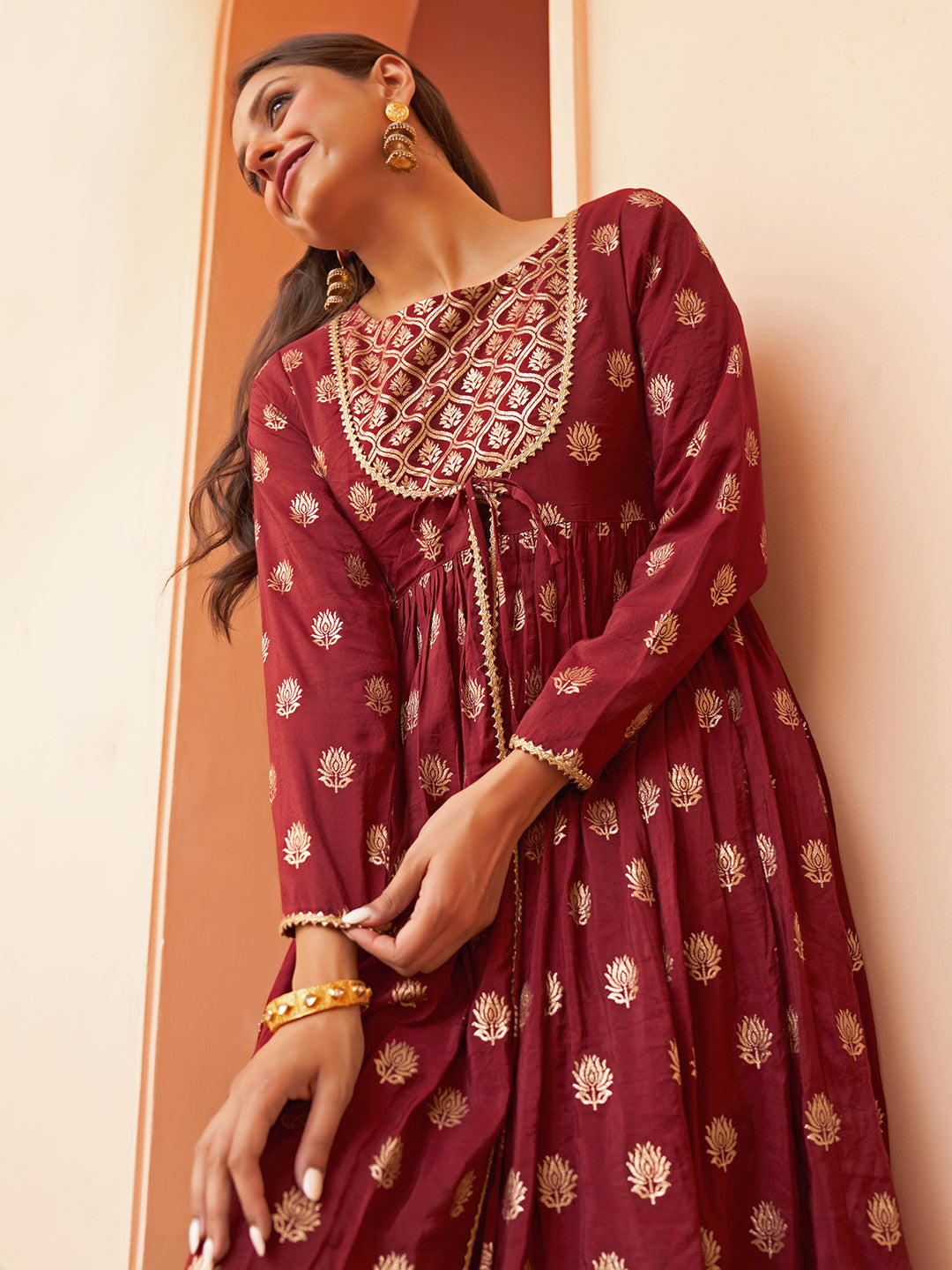 Maroon Brocade A-Line Kurta Suit Set with Front Slit