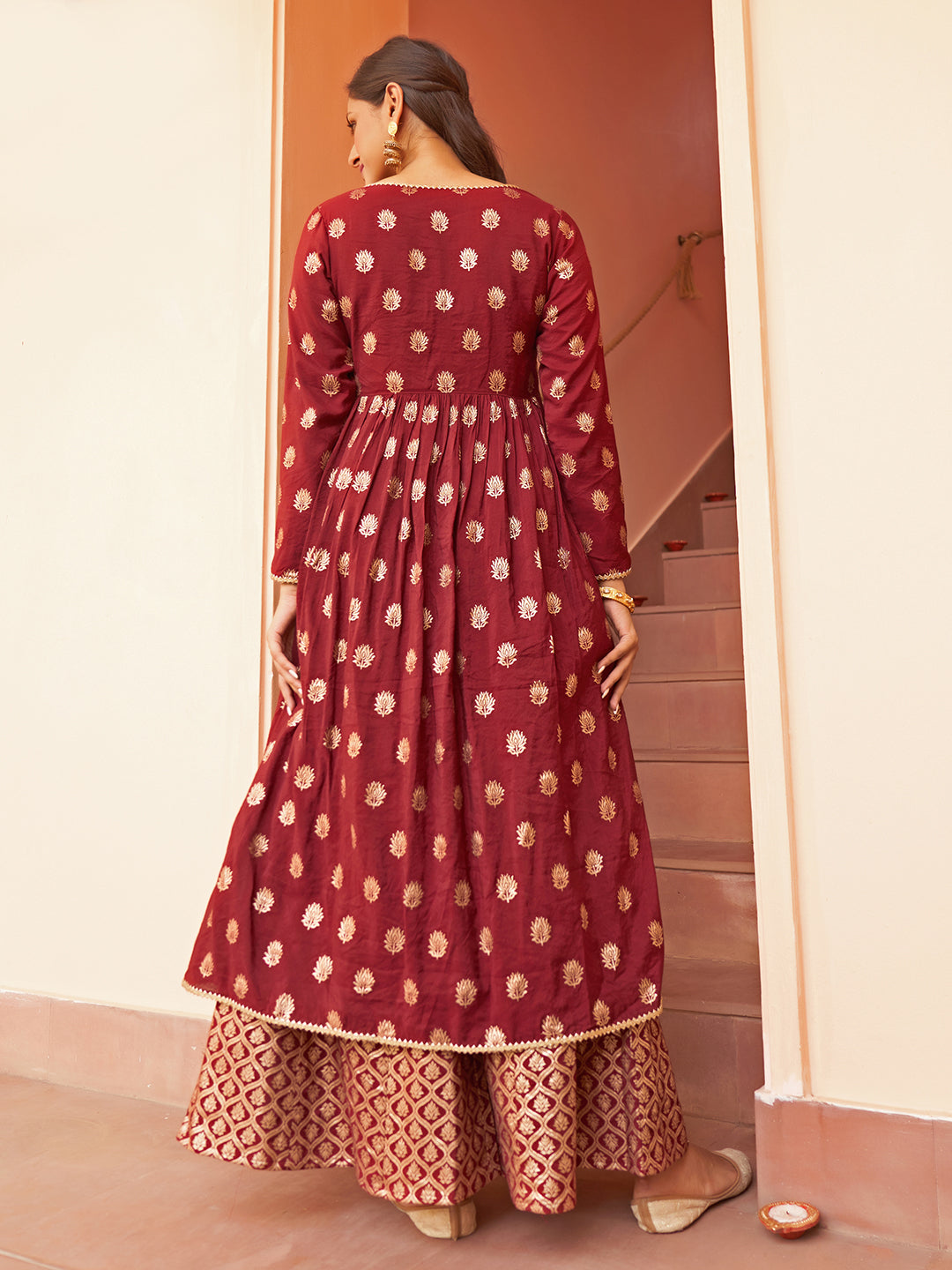 Maroon Brocade A-Line Kurta Suit Set with Front Slit