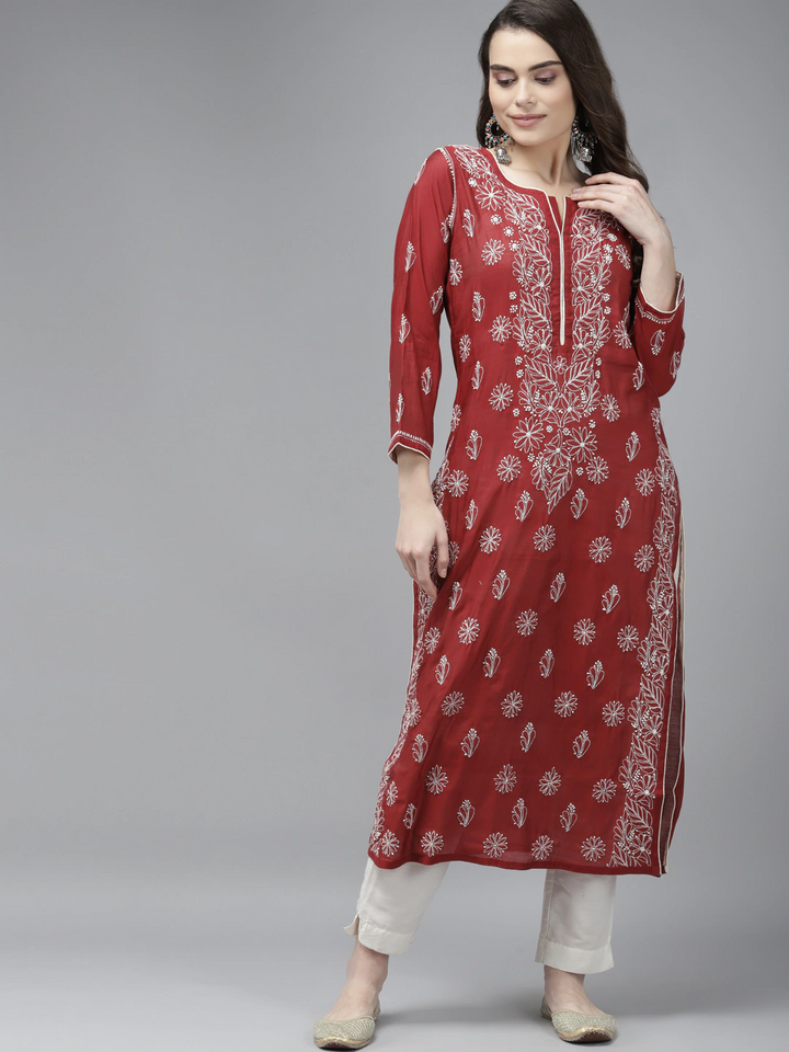 Maroon-Chanderi-Chikan-Kurta-Only