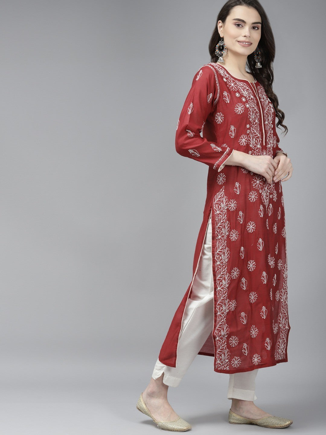 Maroon-Chanderi-Chikan-Kurta-Only