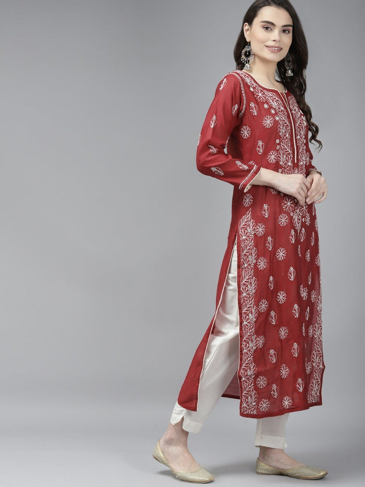 Maroon-Chanderi-Chikan-Kurta-Only