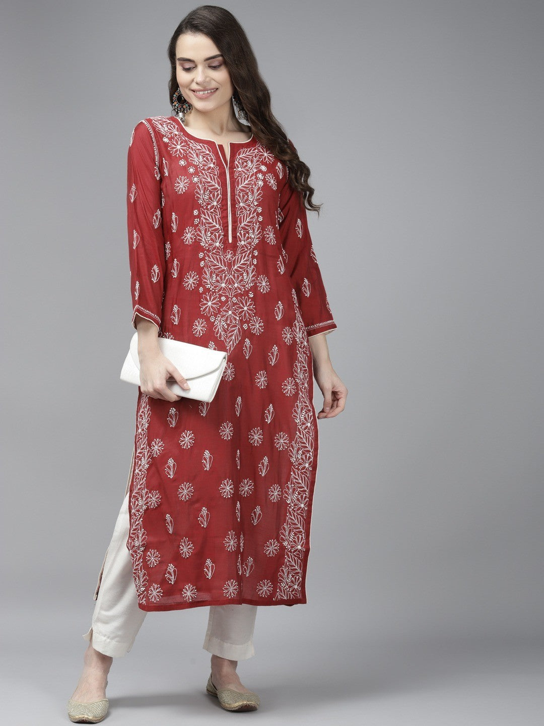 Maroon-Chanderi-Chikan-Kurta-Only