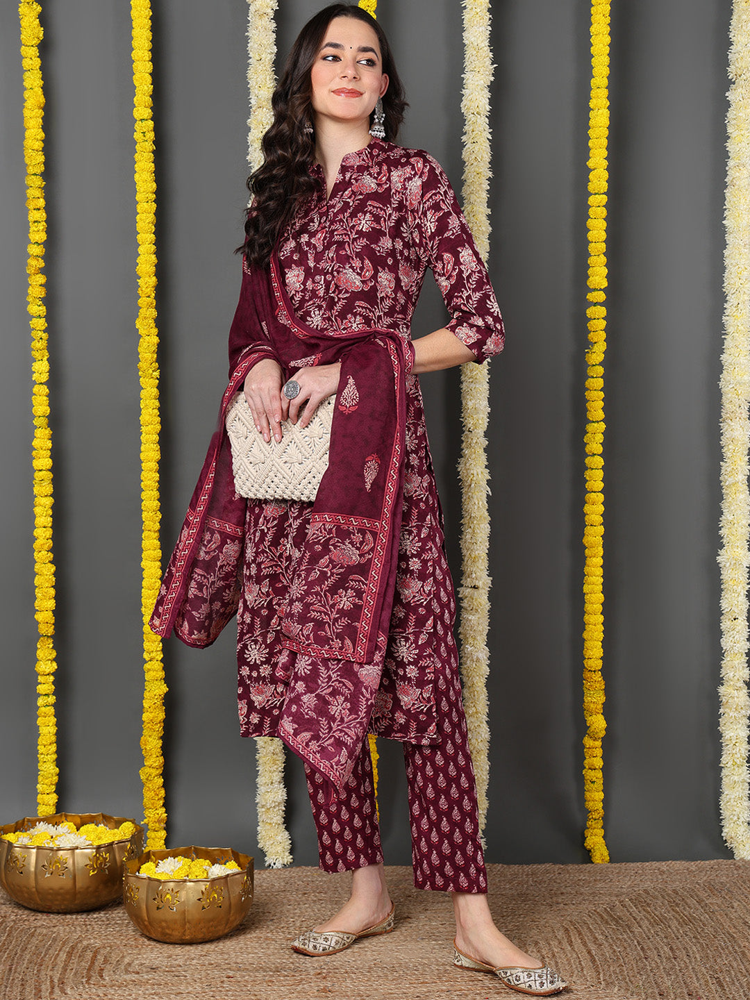 Maroon Cotton Blend Floral Printed Straight Kurta Trouser With Dupatta