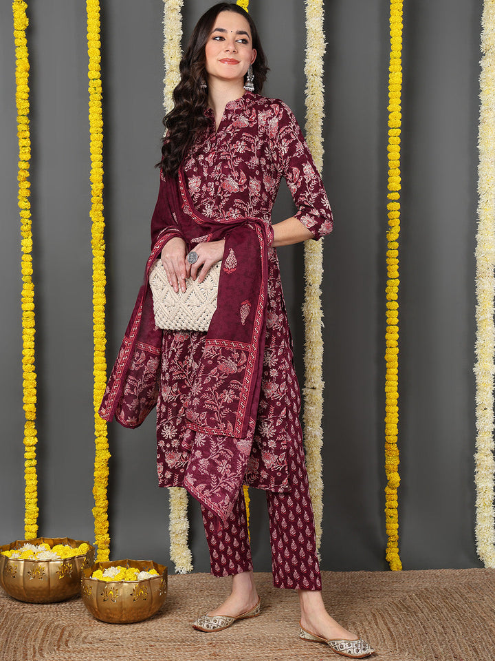 Maroon Cotton Blend Floral Printed Straight Kurta Trouser With Dupatta