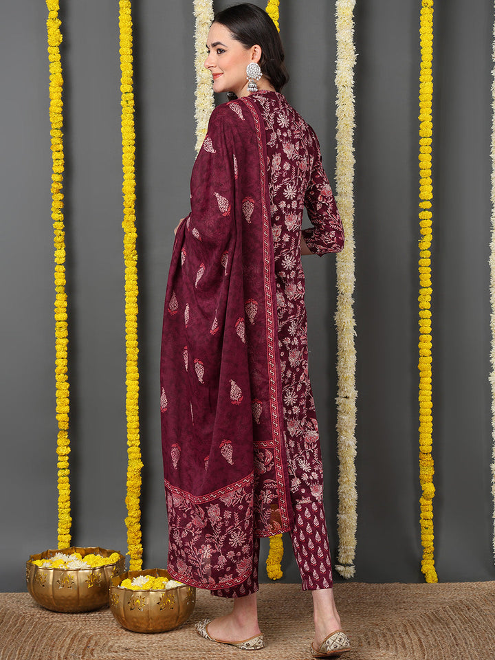 Maroon Cotton Blend Floral Printed Straight Kurta Trouser With Dupatta
