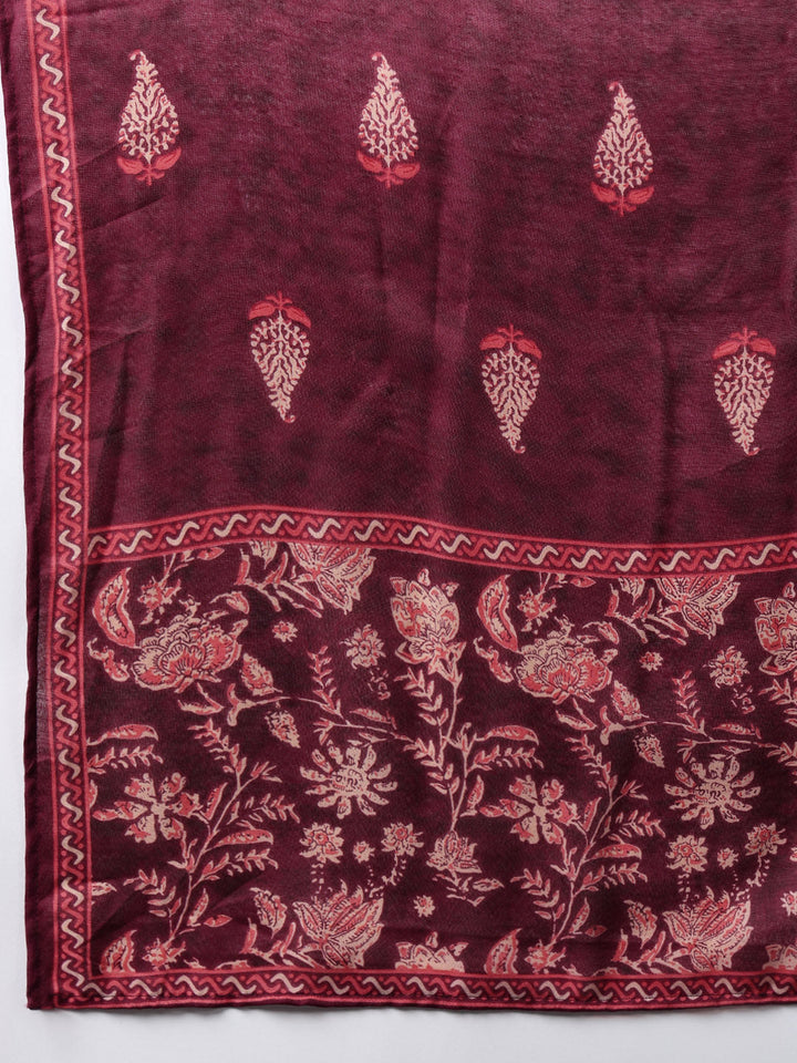 Maroon Cotton Blend Floral Printed Straight Kurta Trouser With Dupatta