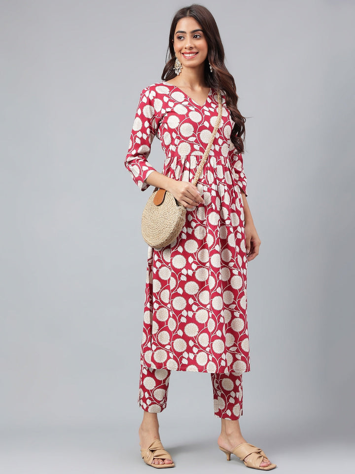 Maroon Cotton Floral Printed Casual Kurta Set