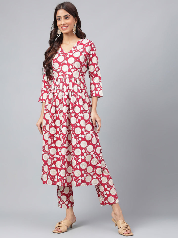 Maroon Cotton Floral Printed Casual Kurta Set