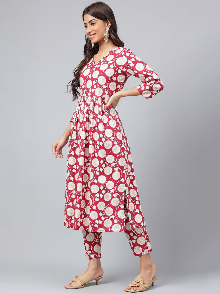 Maroon Cotton Floral Printed Casual Kurta Set