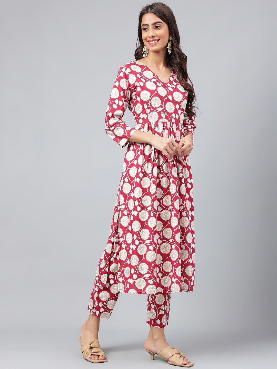 Maroon Cotton Floral Printed Casual Kurta Set