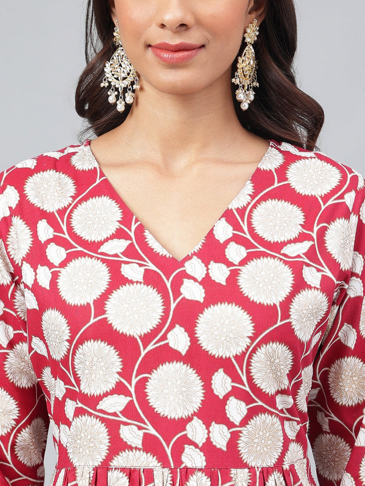 Maroon Cotton Floral Printed Casual Kurta Set